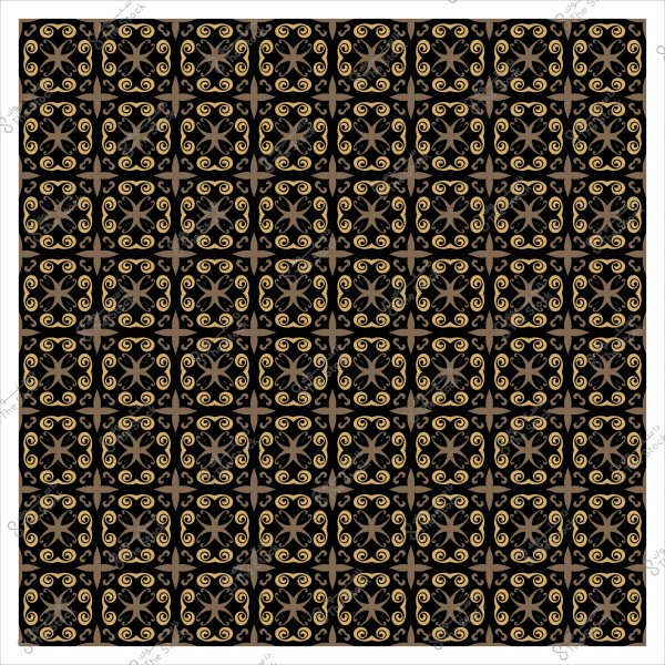 نمط زخرفي متكرر بأشكال متداخلة بالألوان الذهبية والبنية على خلفية سوداء.
