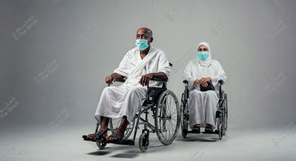 Image of a man and a woman sitting in wheelchairs in a studio. The man is wearing a white Ihram attire, and the woman is wearing a hijab and traditional white clothing. Both are wearing blue surgical masks. The background is a light grey.