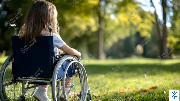 The image shows a young girl sitting in a wheelchair in a green park. She has long hair and is wearing a white shirt, blue skirt, and white socks. The background features brightly lit green trees with sunlight, creating a warm and peaceful atmosphere.