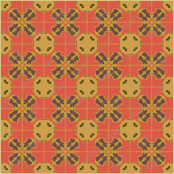 تصميم هندسي متماثل بألوان برتقالية وخضراء مع تفاصيل دائرية ونباتية.