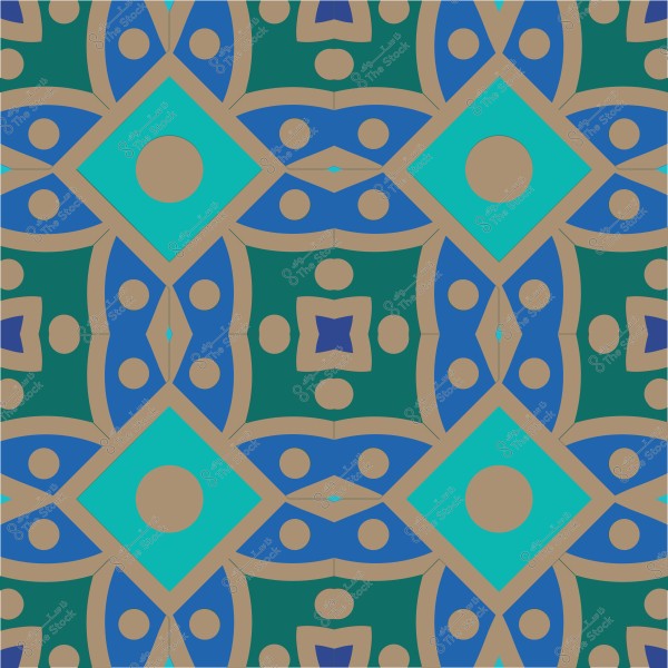 تصميم زخرفي هندسي بألوان زرقاء وخضراء وبيج بنمط متماثل.