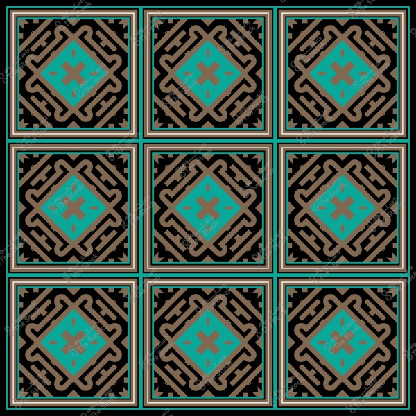 تصميم هندسي مكون من تسعة مربعات تحتوي على أنماط زخرفية بالألوان البني والأزرق الفيروزي والأسود.
