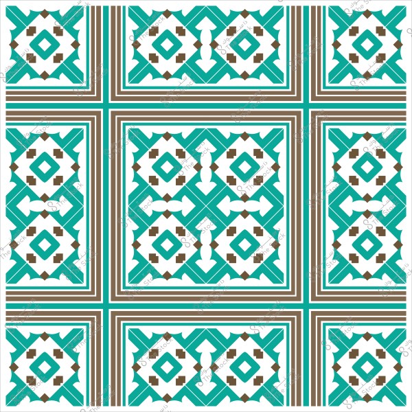 تصميم زخرفي بأشكال هندسية ملونة باللونين الأزرق والأبيض مع خطوط بنية متقاطعة.