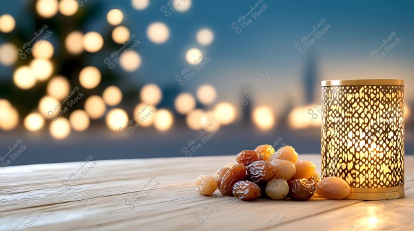 An image showing a wooden surface with a pile of dates next to a decorative lantern lit with light. In the background, there are blurry illuminated lights, creating a warm and cozy atmosphere.
