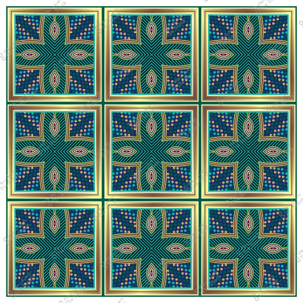 نمط هندسي مكرر بتصميم فسيفساء معقد بألوان زرقاء وخضراء وذهبية.