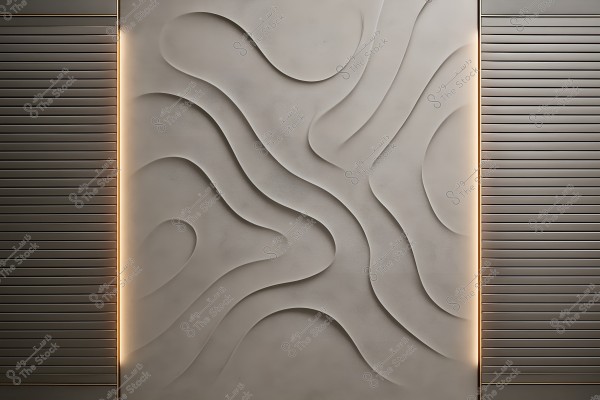 A modern beige wall panel with embossed wavy patterns, flanked by brown wooden panels on either side, with soft lighting highlighting the artistic details of the design.