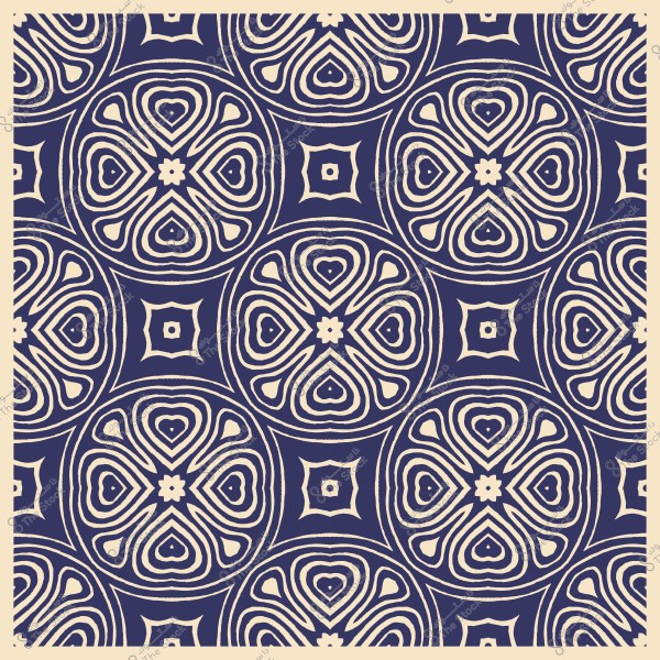 تصميم نمط زخرفي دائري بأشكال هندسية بيضاء على خلفية زرقاء داكنة.