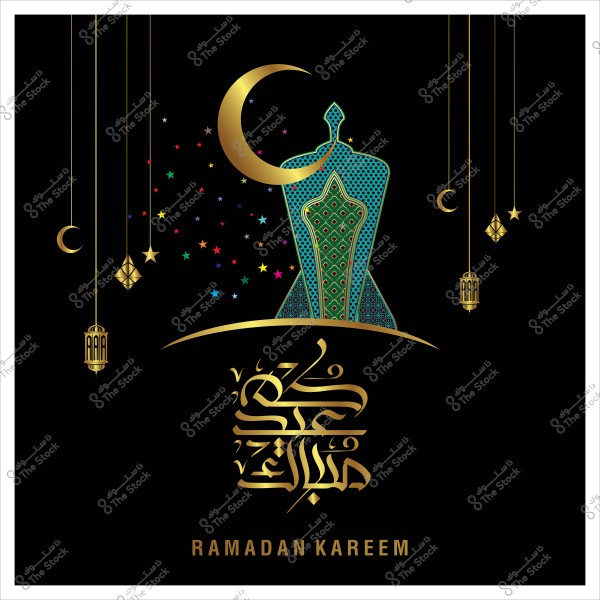 تصميم فنّي يظهر هلالًا ومصباحًا وزخارف إسلامية مع عبارة "رمضان كريم" بالخط العربي الذهبي.