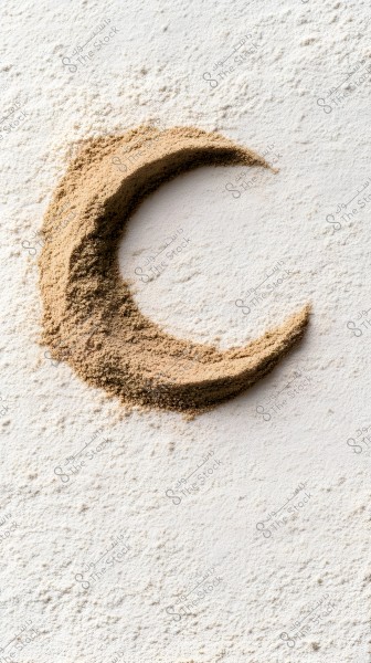 Image of a crescent shape made from brown powder on a surface covered with white powder. The crescent stands out prominently against the light background, highlighting the contrast of colors and textures between the brown and white.