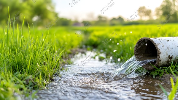 The image shows a white pipe pouring water into a small stream among green grass. The background is blurred, depicting an open landscape, suggesting a sunny day in the field.