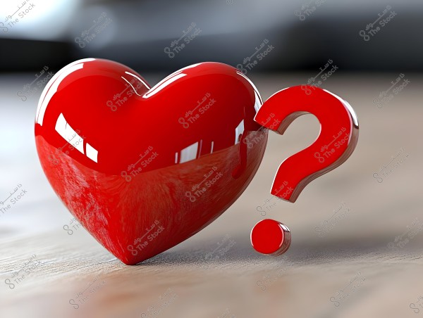 Image of a shiny red 3D heart standing next to a red question mark on a wooden surface. The wooden surface reflects the image of the heart and question mark, highlighting the glossiness and shine in the design.