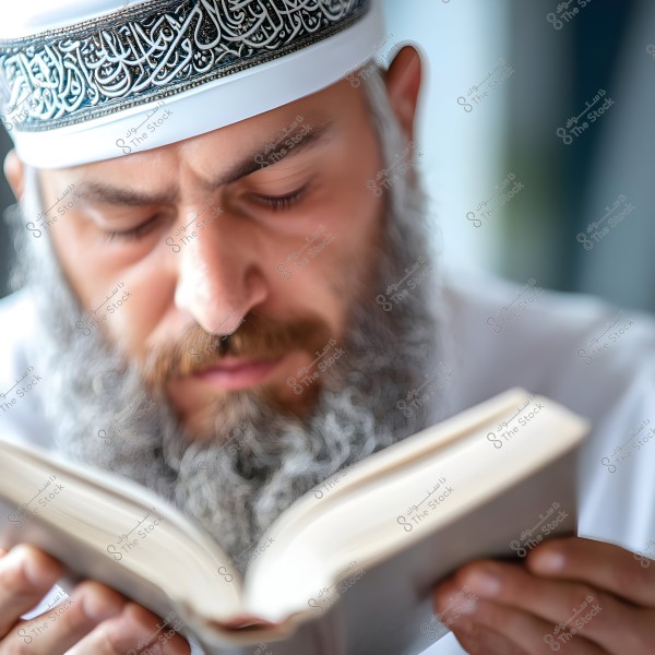 Image of a man with a long gray beard wearing a white cap adorned with Arabic script, deeply reading a book. The focus is on his face with a blurred background.