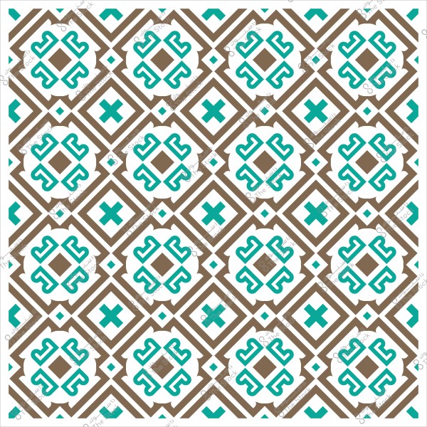 نمط تقليدي هندسي بالألوان البنية والزرقاء على خلفية بيضاء.