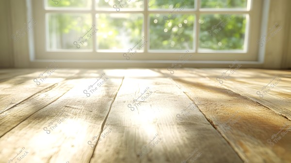 Image of a wooden surface lit by sunlight streaming through a large window in the background. The window has multiple glass panes with blurred green trees visible outside. The sunlight provides a warm and serene atmosphere to the scene.