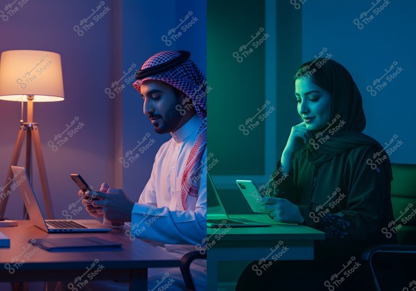 The image shows two individuals sitting at separate desks with laptops and phones. The man on the left is wearing traditional Arabic attire with a white thobe and red ghutra, seated near a lamp. The woman on the right is wearing a black abaya and hijab. They are both engaged with their phones, surrounded by a calm blue ambient light.