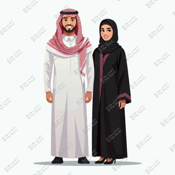 The image features an illustration of two people standing side by side. The person on the left is wearing a traditional white thobe with a red-checked shemagh and black agal, indicative of traditional Gulf attire. The person on the right is wearing a black abaya and hijab, also reflecting traditional clothing from the Gulf region.