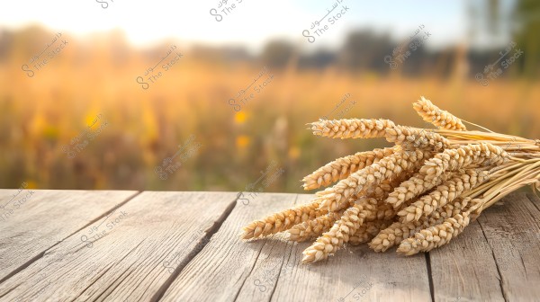 An image showing a bundle of wheat spikes arranged on an old wooden table, with a blurred background of a wheat field at sunset, dominated by warm colors.