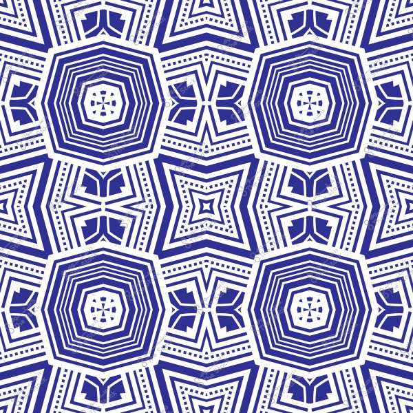 نمط هندسي متماثل يتكون من أشكال سداسية وزوايا نجميّة متداخلة باللونين الأزرق والأبيض. التصميم يتميز بخطوط متوازية وأشكال متعددة الحواف تشكل نمطًا يكرر نفسه بشكل متناسق عبر الصورة.