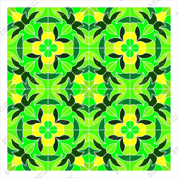 نمط تكراري مكون من أربع بلاطات مزخرفة بأشكال هندسية وزخرفات نباتية بدرجات الألوان الأخضر والأصفر الداكن والفاتح. التصميم يحتوي على عناصر دائرية وأشكال تشبه الأوراق, مما يشكل نمطًا متناسقًا ومتكررًا على كامل الصورة.

-