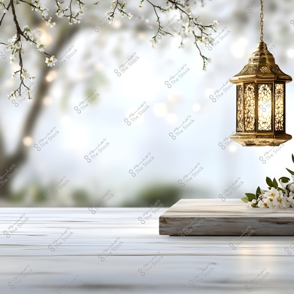 A golden lit lantern hangs against a blurred natural background, with blooming white flowers on a white wooden table. Flowering branches hang from above, adding a serene and spring-like atmosphere to the scene.