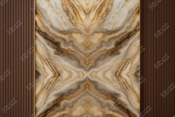 صورة تحتوي على تصميم رخامي بألوان بنية وبيج تشكل نمطًا متماثلًا في الوسط, محاط بألواح خشبية عمودية بنية على الجانبين. الألوان تتدرج بشكل متموج وتضفي مظهرًا طبيعيًا وأنيقًا.