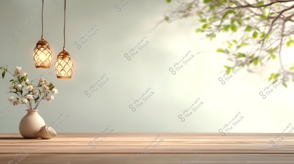 The image shows two lit lanterns with a golden metal design hanging above a wooden table. On the table, there is a white vase containing white flowers, next to it is a seashell. In the background, a light-colored wall is visible with some branches and green leaves in the top right corner.
