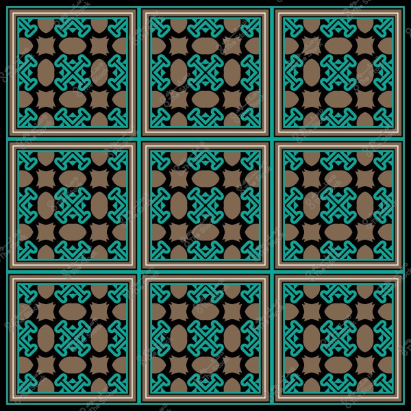 نقش أندلسي تقليدي مكون من بلاط ذي تصميم هندسي بألوان زرقاء وبنية.