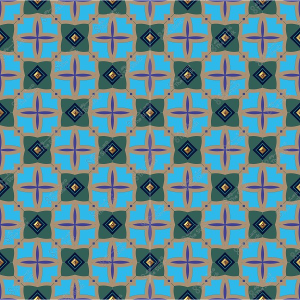 نمط زخرفي هندسي بألوان زرقاء وبنفسجية وخضراء, بتصميم مكرر.