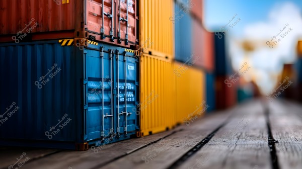 An image showing a collection of multicolored shipping containers stacked vertically and horizontally at a port. The containers include colors such as blue and yellow, with a background displaying a dock pathway and blurred lifting equipment in the distance under a blue sky.