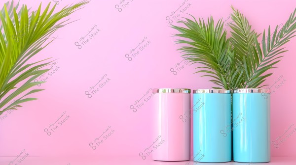 The image shows colorful metal containers with green plants inside. The containers, in pink and blue, are set against a bright pink background. The glossy green leaves of the plants are prominently displayed, draping over the edge of the containers.
