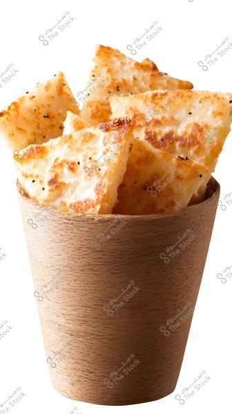 An image of crispy bread chips in a paper cup. The chips are golden in color with light brown marks from toasting. The cup appears on a white background with a clean, wooden-like appearance.