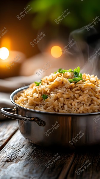 A metal pot filled with steaming brown rice garnished with parsley leaves, placed on a wooden table. The steam rising from the rice is visible, with dim lighting and a blurred background creating a warm and cozy setting.