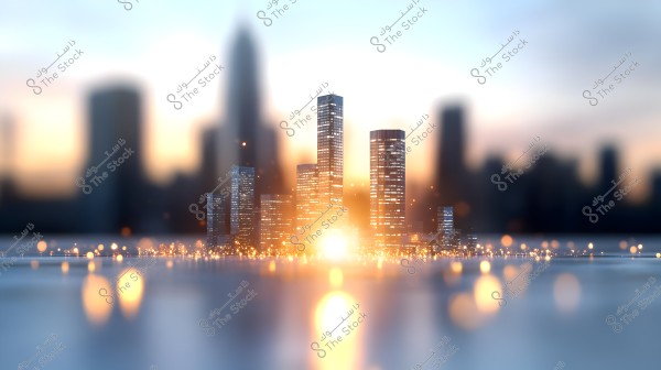 Image of a city with brightly lit skyscrapers against a blurred city skyline. The lights sparkle and reflect on the water\'s surface, with the sunset in the background providing a warm glow to the sky.