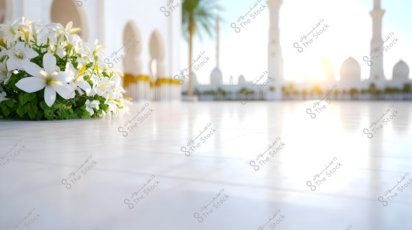 A scene showing blooming white flowers in the foreground, with the background featuring a large mosque with traditional Islamic architecture including domes and minarets. The bright sunlight streams through a clear sky, and palm trees surrounding the mosque add to the serene and beautiful atmosphere.
