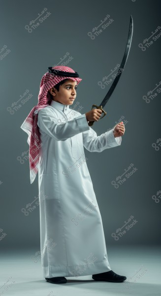 An image of a boy wearing a white thobe and a red ghutrah with an agal, holding a traditional sword pointed forward. The boy is in a side-standing position against a grey background, giving the photo a traditional Arabian feel.