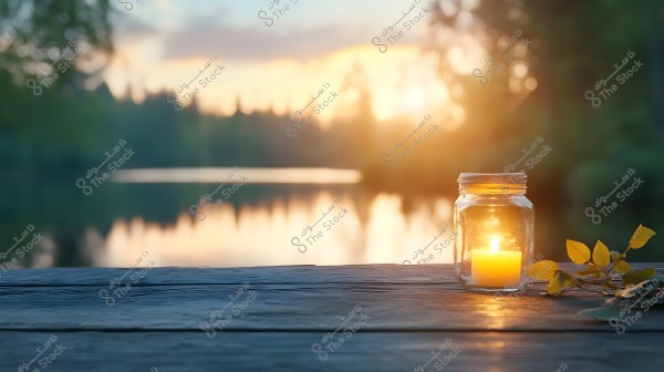 An image of a lit candle inside a glass jar placed on a wooden table, with the reflection of sunset light on a lake in the background. Yellow leaves are shown beside the jar, with distant forests and their shadows in the background under a colorful sunset sky.