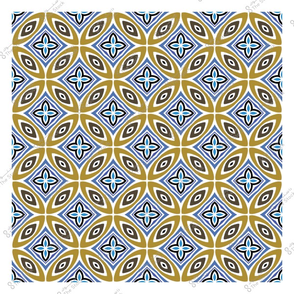 نمط هندسي متماثل بألوان ذهبية وزرقاء وسوداء, يشبه تصميمات الأرابيسك التقليدية.