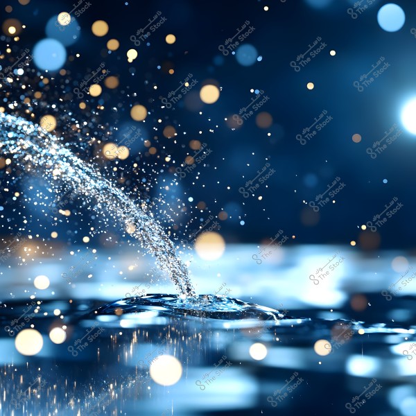 Artistic image depicting a stream of water amid a blurred, illuminated background. Droplets scatter through the air as the water reflects lights in multiple colors, including blue and gold. The focus is on the moment when the water stream meets the liquid surface, creating a captivating effect.