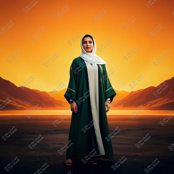 Portrait of a woman standing in a desert setting with a mountainous backdrop and a sunny sunset atmosphere. The woman is wearing a long green abaya with black embellished borders, and a white scarf covering her hair. The setting resembles a golden sunset over the dark sands of the desert and mountains.