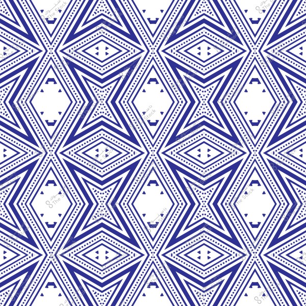 نمط هندسي متكرر باللون الأزرق الداكن على خلفية بيضاء, يتميز بتصميمات مثلثة وزاويّة تشكل أشكالاً تشبه الألماس والنجوم المتقاطعة بشكل متناظر, مما يعطي إحساساً بالتوازن والدقة في التصميم.