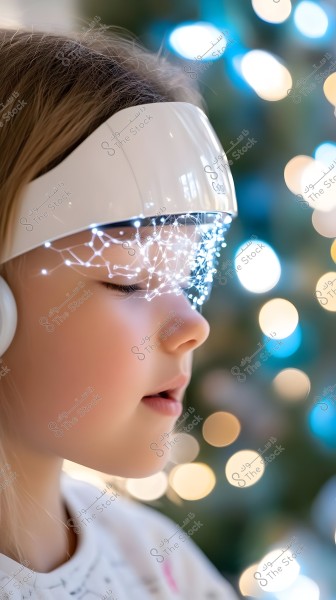 Side profile of a young girl wearing a white head device, with a luminous network-like design in front of her eyes. The girl appears relaxed and has her eyes closed, with a backdrop featuring bokeh lights in pleasant blue and golden hues.
