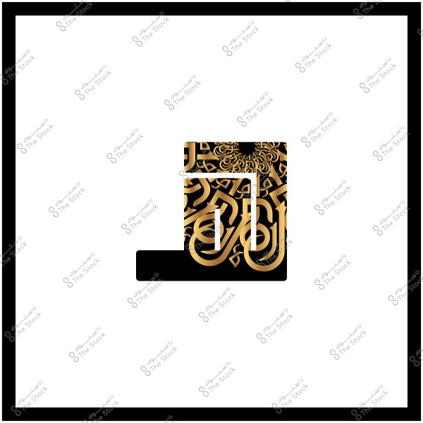 An image depicting a design based on Arabic calligraphy in gold color within a black square frame on a white background. The design appears intricate and ornate, featuring interwoven letters and shapes artistically.