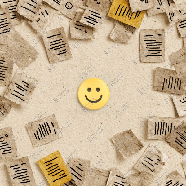 صورة تُظهر وجهًا سعيدًا مستديرًا باللون الأصفر في الوسط محاطًا بعديد من الأوراق البنية المتناثرة, والتي تحتوي على خطوط سوداء وكأنها رسومات أو ملاحظات مكتوبة بخط اليد. الأوراق تتوزع بشكل عشوائي فوق خلفية بلون رملي محايد.