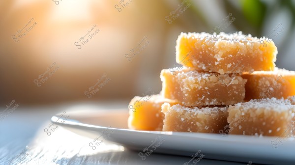 An image of a stack of small square-shaped sweets arranged on a white plate. The sweets are golden in color with a light coating of powdered sugar. The background is lit with sunlight, highlighting the golden hue of the sweets.
