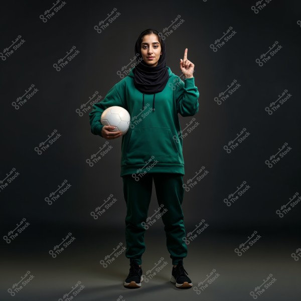 A portrait of a woman wearing a black hijab and green sportswear, holding a soccer ball in her left hand and raising her right index finger. The background is dark, conveying a sense of confidence and focus. The clothing suggests she might be from the Middle East.