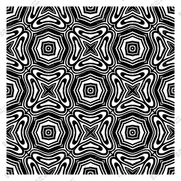 نمط متكرر بالأبيض والأسود يتكون من أشكال هندسية وخطوط متداخلة تشكل تصميمًا متناظرًا.