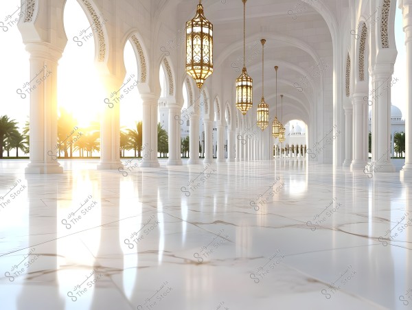 Architectural scene of a grand mosque with a covered walkway featuring decorative white columns and an arched ceiling. Ornate golden chandeliers hang from the ceiling, with sunlight glowing in the background and a row of palm trees visible beyond the columns, adding a sense of tranquility and serenity.