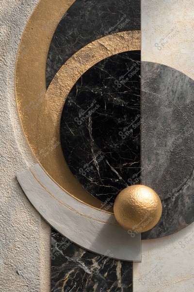 Abstract art design featuring circular shapes in various colors including gold, black, and gray, with a prominent metallic gold sphere in the foreground. The background has a rough beige texture.