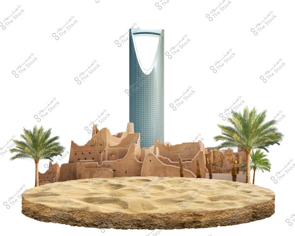 An image depicting a blend of Saudi heritage and modern architecture. In the background stands the modern glass and silver Kingdom Tower. In the foreground, there are traditional mud-brick buildings, showcasing traditional Saudi architectural heritage, surrounded by palm trees and desert sand.