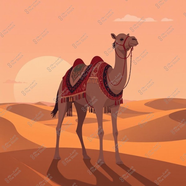 صورة توضح جملًا واقفًا في الصحراء مع غروب الشمس في الخلفية. الجمل مرتدي زينة مزخرفة بألوان حمراء وزخارف تقليدية, ويقف على الرمال الذهبية مع تلال في الخلفية.